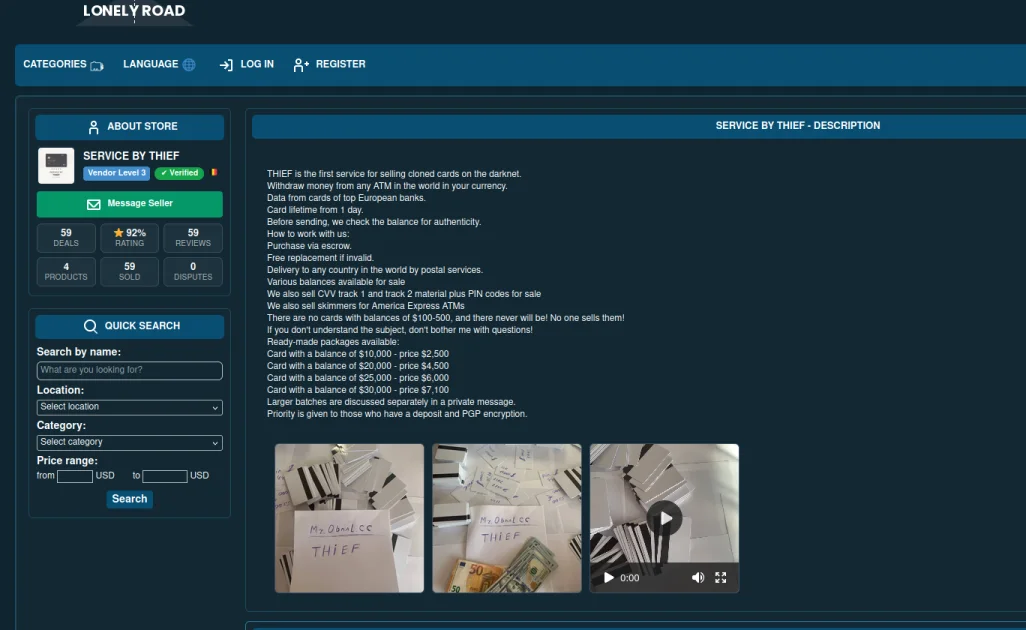 A marketplace interface advertises cloned payment cards online.